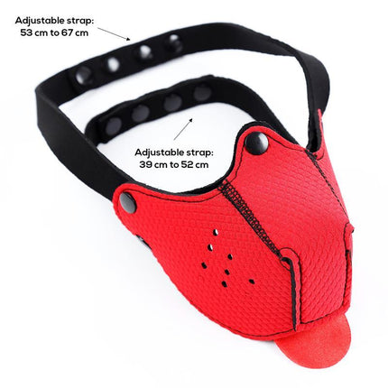 Red Neoprene Puppy Face Mask with adjustable straps for secure fit by A-GUSTO, featuring playful tongue and detachable parts.