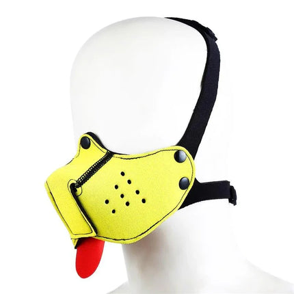 Neoprene Puppy Face Mask Yellow with adjustable straps and detachable parts for fetish wear, shown on a mannequin.