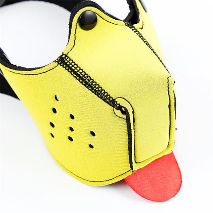 Close-up of Neoprene Puppy Face Mask Yellow with detachable parts and adjustable straps by A-GUSTO, featuring a vibrant design.