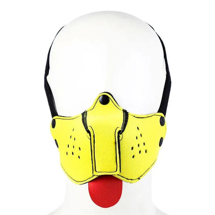 Neoprene Puppy Face Mask Yellow with adjustable straps and detachable parts, perfect for exploring fetish style by A-GUSTO. 
