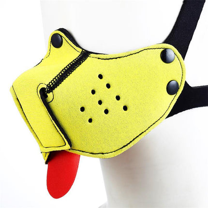 Neoprene Puppy Face Mask Yellow with adjustable straps and detachable parts, featuring soft neoprene material for comfort and style.