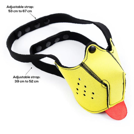 Neoprene Puppy Face Mask Yellow with adjustable straps, detachable parts, and vibrant design by A-GUSTO for fetish style.