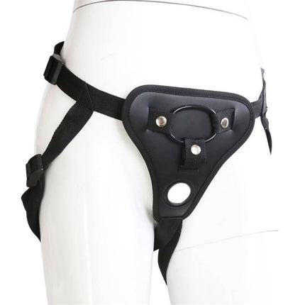 Neoprene Strap On with Silicone Ring Adjustable harness displayed on mannequin for BDSM play.