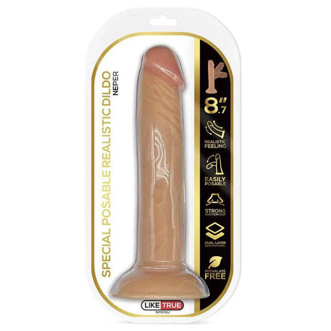 Neper Articulable-Posable Realistic Dildo 8.7 Flesh in packaging, emphasizing its lifelike design and posable features for versatile pleasure.