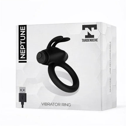 Neptune Vibrating Ring Silicone Rechargable USB in packaging, featuring bunny-ear stimulator and USB charger, body-safe silicone design.