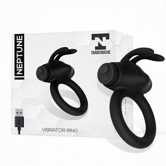 Neptune Vibrating Ring Silicone Rechargable USB in black with bunny-ear clitoral stimulator and USB charger