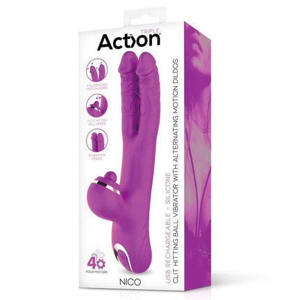 Nico Vibe with Clit Hitting Ball and Alternating Dildos in packaging, showcasing unique features and four motors for powerful stimulation.
