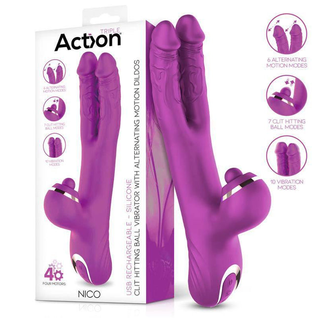 Nico Vibe with Clit Hitting Ball and Alternating Dildos in purple with packaging, showcasing dual motors and versatile pleasure settings.