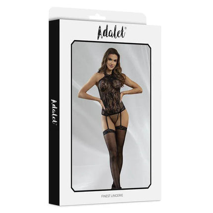 Nicole Bodystocking with Garter by Adalet in packaging with a model showcasing lingerie features.