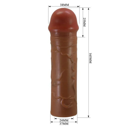 Nile Penis Extended Sleeve with lifelike texture and dimensions labeled for enhanced experience.