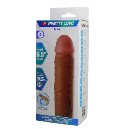 Nile Penis Extended Sleeve in packaging, lifelike texture for enhanced performance and realistic design, adds 1 inch length and 35% girth
