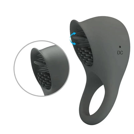 Nimbus Vibrating Cock Ring with Licking Tongue in black silicone with close-up of textured opening.