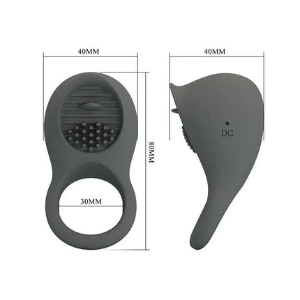 Nimbus Vibrating Cock Ring with Licking Tongue, premium silicone design with dimensions shown for enhanced intimacy and pleasure.