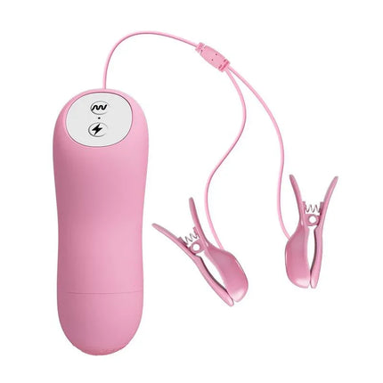Niple Clamps with Vibration and Electro Shock, pink adjustable clamps with dual-stimulation for customizable adult play, shown on white background.