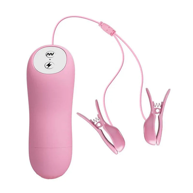 Niple Clamps with Vibration and Electro Shock, pink adjustable clamps with dual-stimulation for customizable adult play, shown on white background.