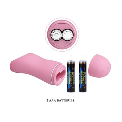 Pink battery-operated massager with two AAA batteries shown