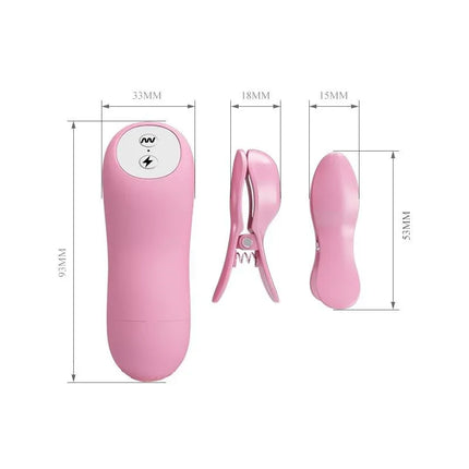 Pink Niple Clamps with Vibration and Electro Shock showing dimensions and design details for adult use