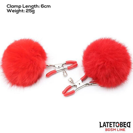 Nipple Clamps Adjustable with Fur featuring luxurious red pompoms from Latetobed BDSM Line for enhanced sensory play.