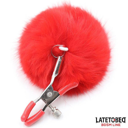 Nipple Clamps Adjustable with Fur featuring red pompom from Latetobed BDSM Line for sensory play and precise pressure