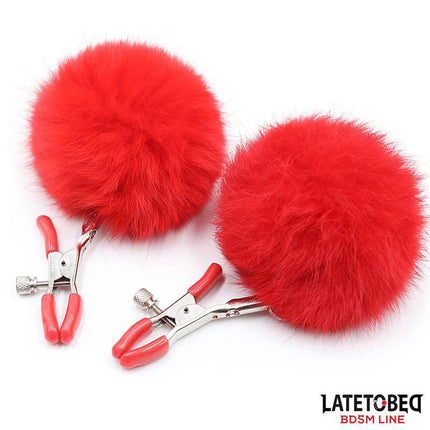 Nipple Clamps Adjustable with Fur featuring red pompom for sensory play from Latetobed BDSM Line
