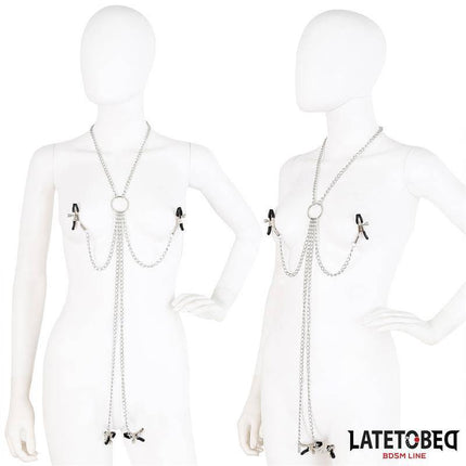 Nipple Clamps and Clit Clamps Chain displayed on two mannequins, showcasing its versatile design for intimate exploration.