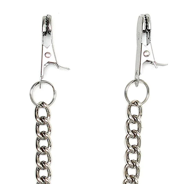 Nipple Clamps Chain with durable metal construction and silver finish for fetish play enthusiasts.