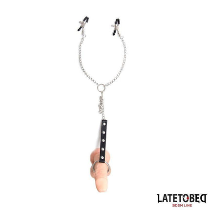 Nipple Clamps Cock Ring Set Adjustable in sleek black with chain and adjustable design for versatile stimulation.