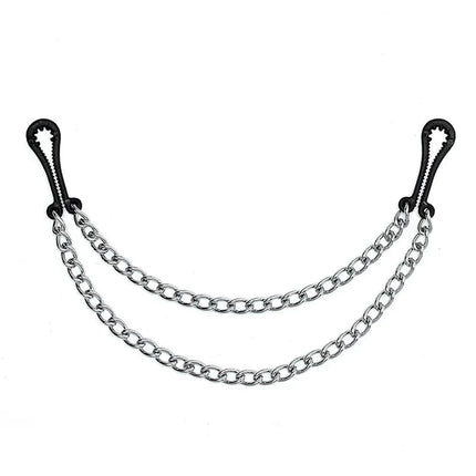Nipple Clamps Metal with sleek black grips and nickel-free chains for safe, durable use in fetish play.