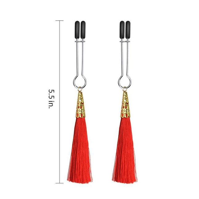 Glamor Tassel Nipple Clamps in Red with silicone tips and metal frame, featuring striking red rayon tassels, 5.5 inches in length.