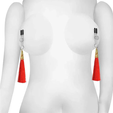 Nipple Clamps Red with tassel on mannequin, showcasing metallic frame and silicone tips for enhanced comfort and stylish decoration.