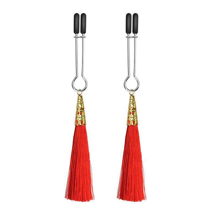 Nipple Clamps Red with glamorous red tassels and silicone tips for comfort and style in intimate play.