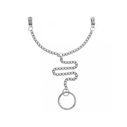Nipple Clamps to penis ring metal BDSM kit with chain and silver finish for adventurous adults.