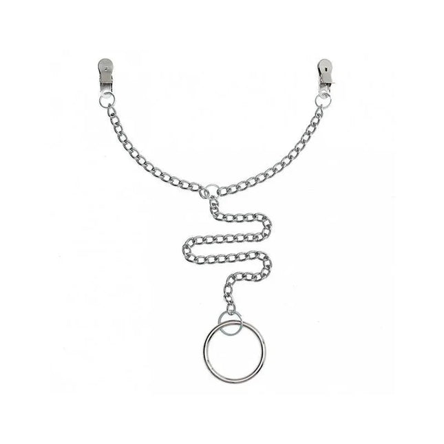 Nipple Clamps to penis ring metal BDSM kit with chain and silver finish for adventurous adults.