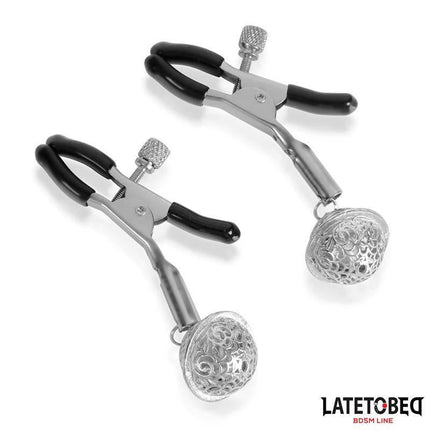 Nipple Clamps with Bell Silver and Black, adjustable BDSM accessory with playful bell, black grips, part of Latetobed line.