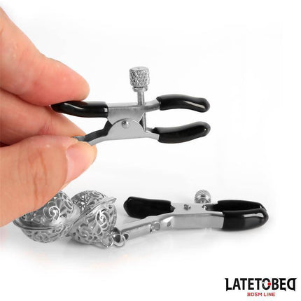 Nipple Clamps with Bell Silver and Black from Latetobed BDSM Line, showing metal adjustable design and playful bell
