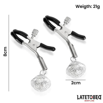 Nipple Clamps with Bell Silver and Black by Latetobed, adjustable metal design, 8cm length, BDSM accessory