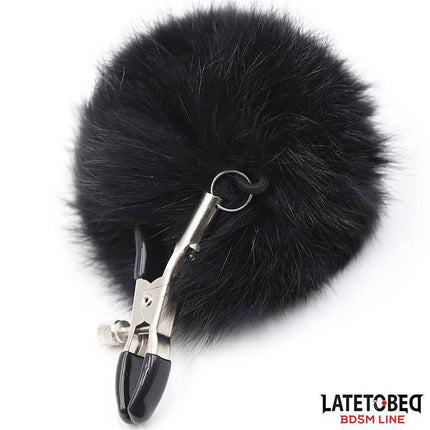 Nipple Clamps with Black Fur featuring adjustable tension and luxurious furry accent, part of Latetobed's BDSM line for intimate play.