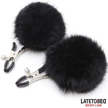 Nipple Clamps with Black Fur from Latetobed BDSM Line, featuring adjustable tension and luxurious black fur pom-poms for pleasure.