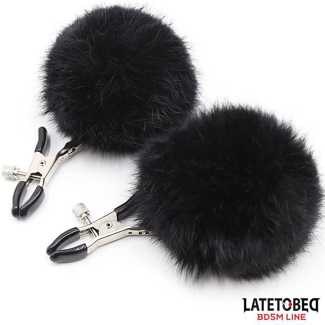 Nipple Clamps with Black Fur from Latetobed BDSM Line, featuring adjustable tension and luxurious black fur pom-poms for pleasure.
