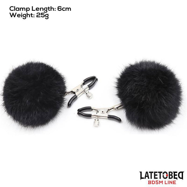 Nipple Clamps with Black Fur by Latetobed's BDSM Line featuring adjustable tension and luxurious furry accents for intense pleasure.