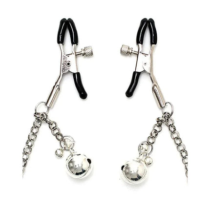 Nipple Clamps with Chain and Tincle Bells featuring adjustable clamps, linked chain, and bells for sensory play.