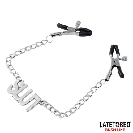Nipple clamps with Chain - Slut featuring adjustable clamps and bold design from Latetobed BDSM Line.
