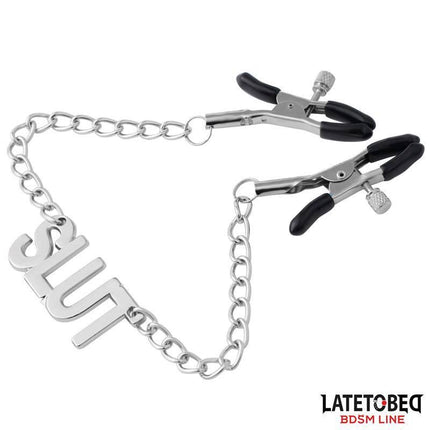 Nipple clamps with Chain - Slut from Latetobed BDSM Line, featuring adjustable clamps and bold chain design.