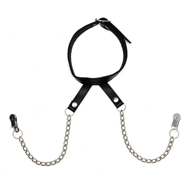 Nipple Clamps with Collar featuring leather and metal design for secure grip, black color for discreet style, ideal for beginners and enthusiasts.
