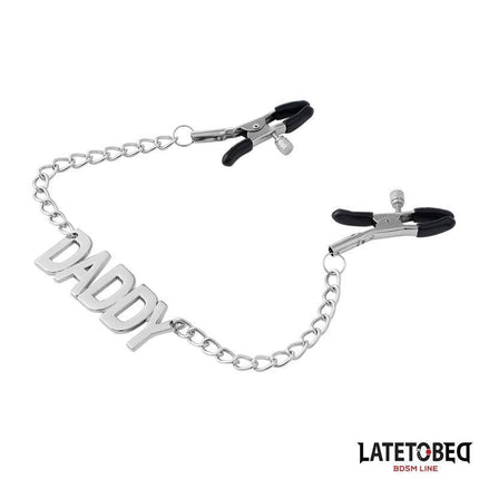Nipple Clamps with Daddy Word Pendant featuring sleek metal finish and playful 'Daddy' pendant for intimate teasing and light restraint.