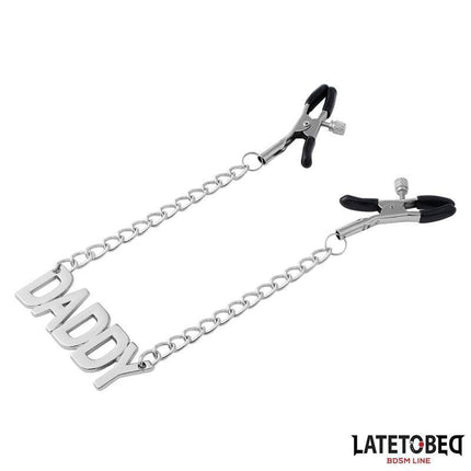 Nipple Clamps with Daddy Word Pendant featuring sleek metal finish and bold chain for sensual play and intimate teasing.
