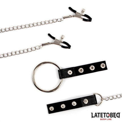 Nipple Clamps With Penis Ring by Latetobed BDSM Line featuring adjustable clamps and integrated cock ring for coordinated sensations.