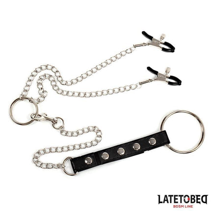 Nipple Clamps With Penis Ring featuring adjustable clamps and chain for BDSM play, part of the Latetobed BDSM Line.