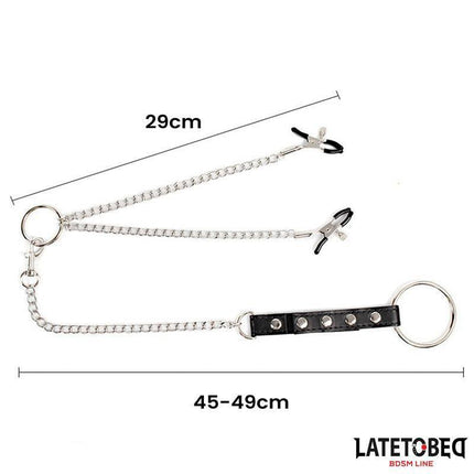 Nipple Clamps With Penis Ring from Latetobed, showcasing adjustable nipple clamps with chain and cock ring, 29cm and 45-49cm lengths.