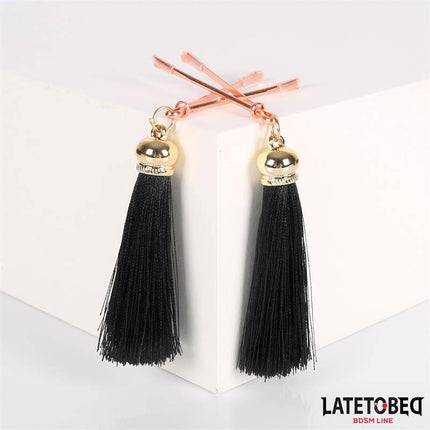 Nipple Clamps with Tassel - Metal clamps with black fringed tassels for adventurous BDSM play, from Latetobed BDSM Line.